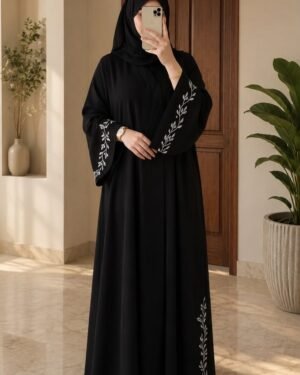 Leaf-Embroidered Abaya — Black