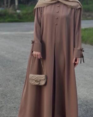 Button-Front Abaya with Bow Cuffs — Cocoa