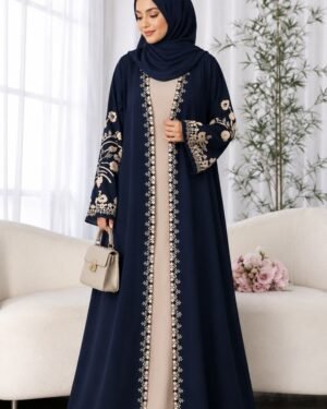 Two-Piece Embroidered Abaya — Navy & Beige