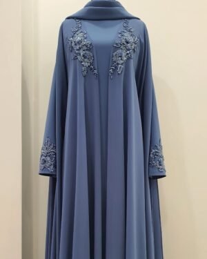 Embroidered Open Abaya — Steel Blue