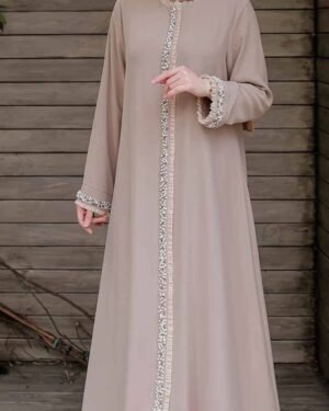 Pearl-Trim Abaya — Taupe