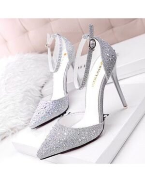Crystal Pointed Heels — Silver